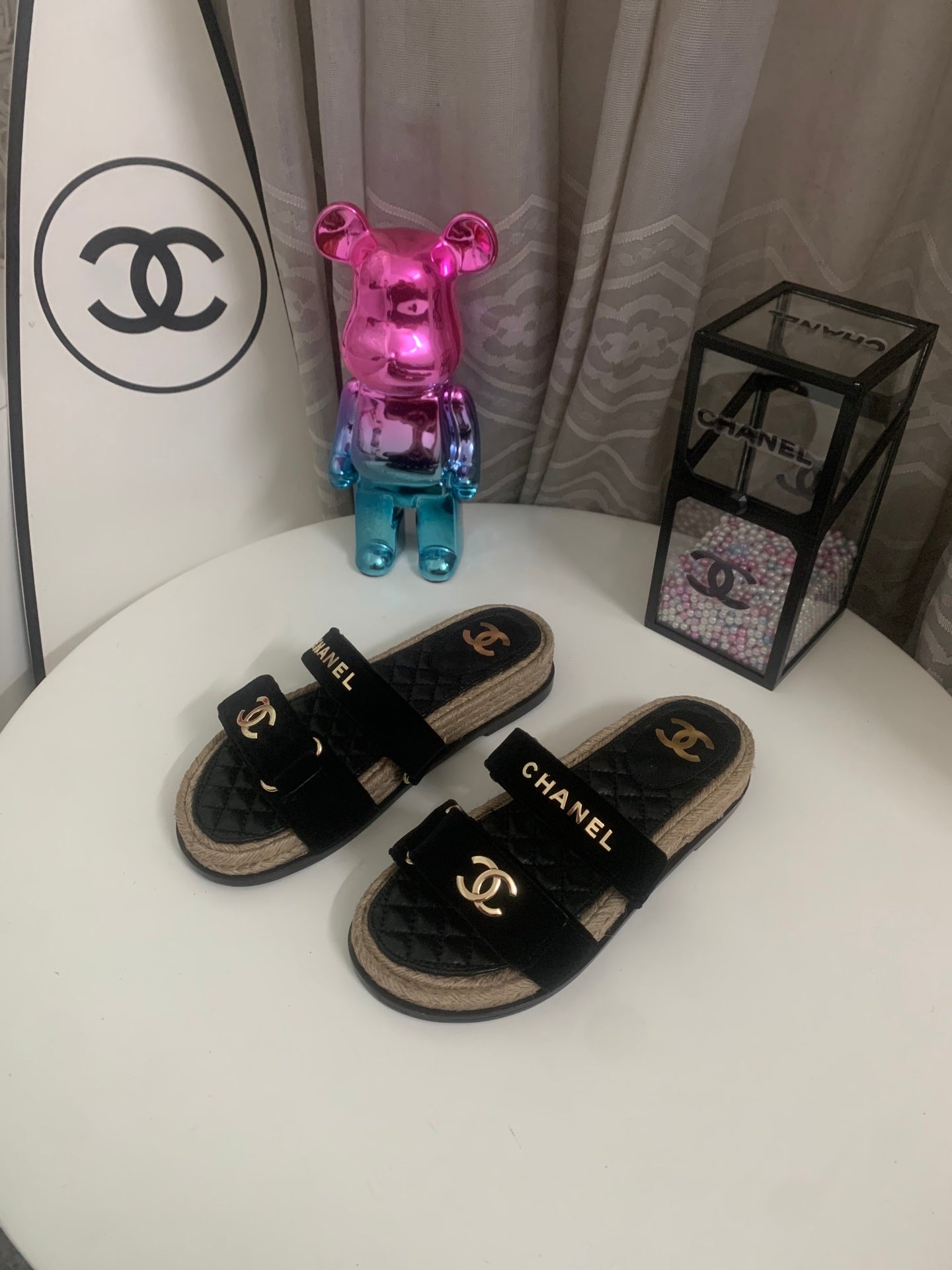CHANEL 26S SLIDE SANDALS IN BLACK VELVET AND CALFSKIN WITH ROPE SOLE GOLD HARDWARE