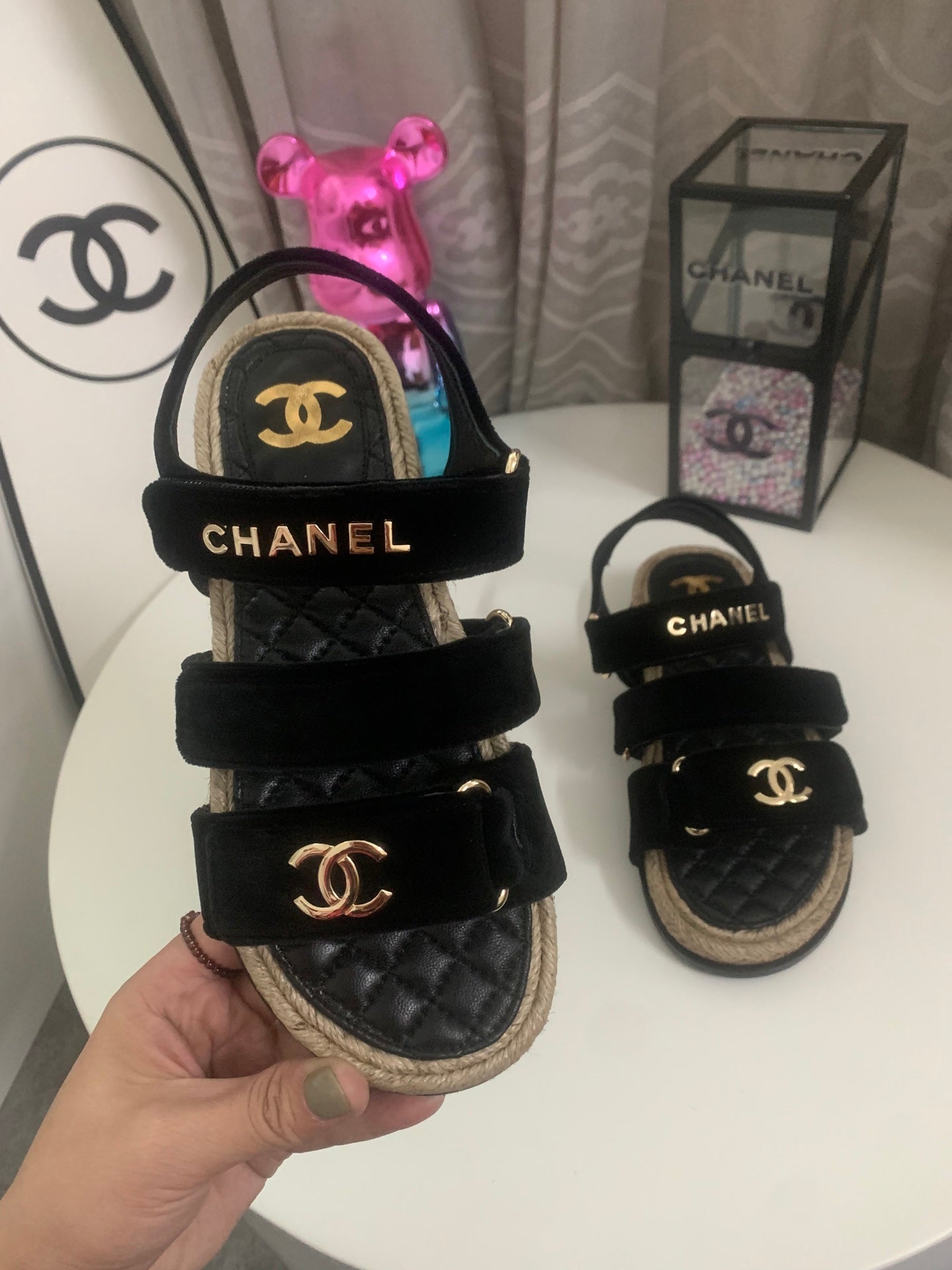 CHANEL 26S STRAPPY SANDALS IN BLACK VELVET WITH ROPE SOLE GOLD HARDWARE