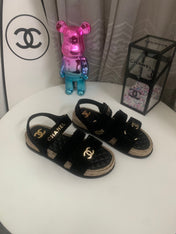 CHANEL 26S STRAPPY SANDALS IN BLACK VELVET WITH ROPE SOLE GOLD HARDWARE
