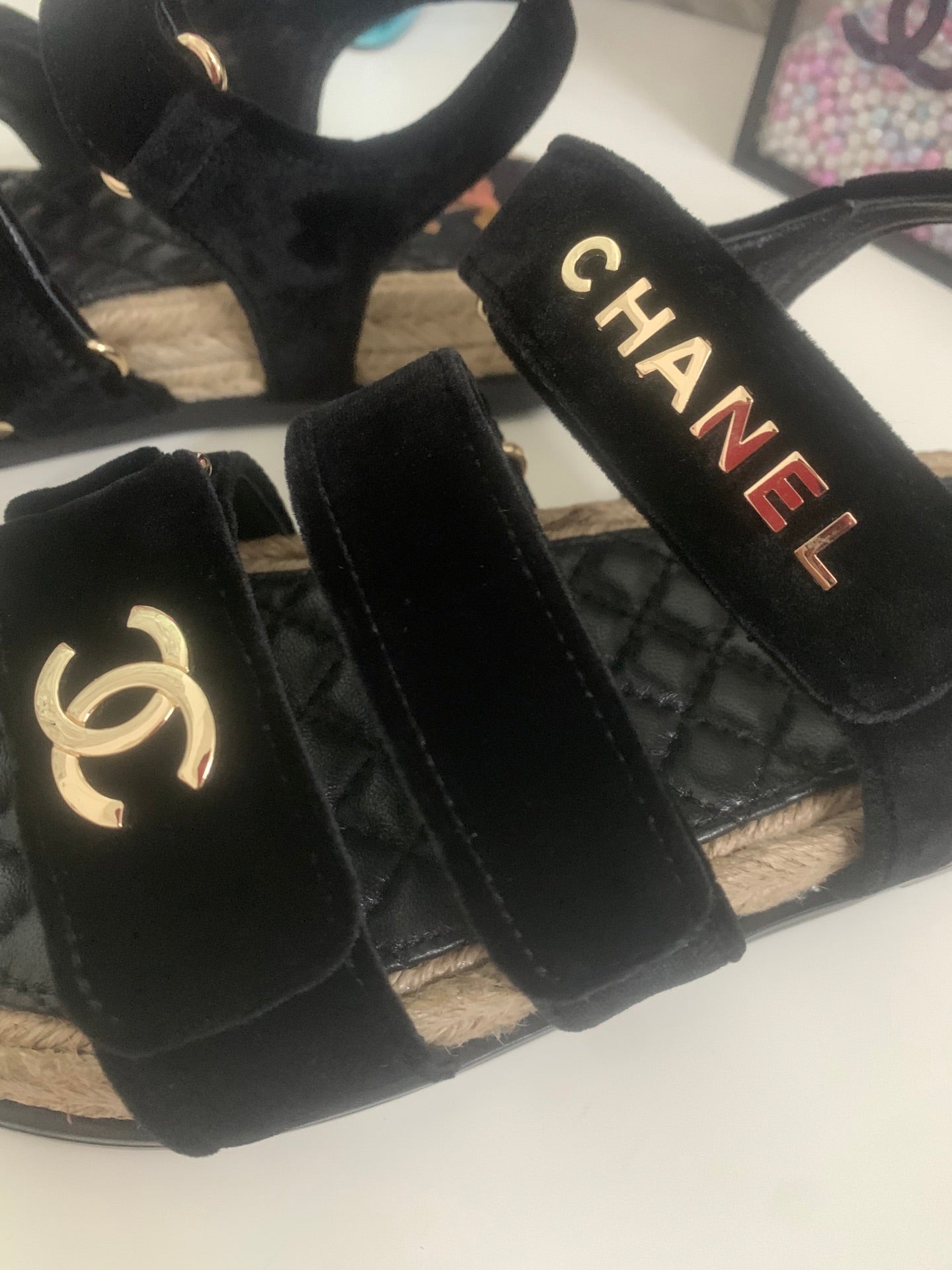 CHANEL 26S STRAPPY SANDALS IN BLACK VELVET WITH ROPE SOLE GOLD HARDWARE