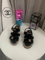 CHANEL 26S STRAPPY SANDALS IN BLACK VELVET WITH ROPE SOLE GOLD HARDWARE