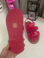 CHANEL 26S STRAPPY SANDALS IN PINK VELVET WITH ROPE SOLE GOLD HARDWARE