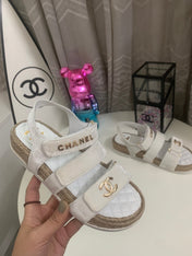 CHANEL 26S STRAPPY SANDALS IN WHITE VELVET WITH ROPE SOLE GOLD HARDWARE