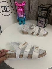 CHANEL 26S STRAPPY SANDALS IN WHITE VELVET WITH ROPE SOLE GOLD HARDWARE