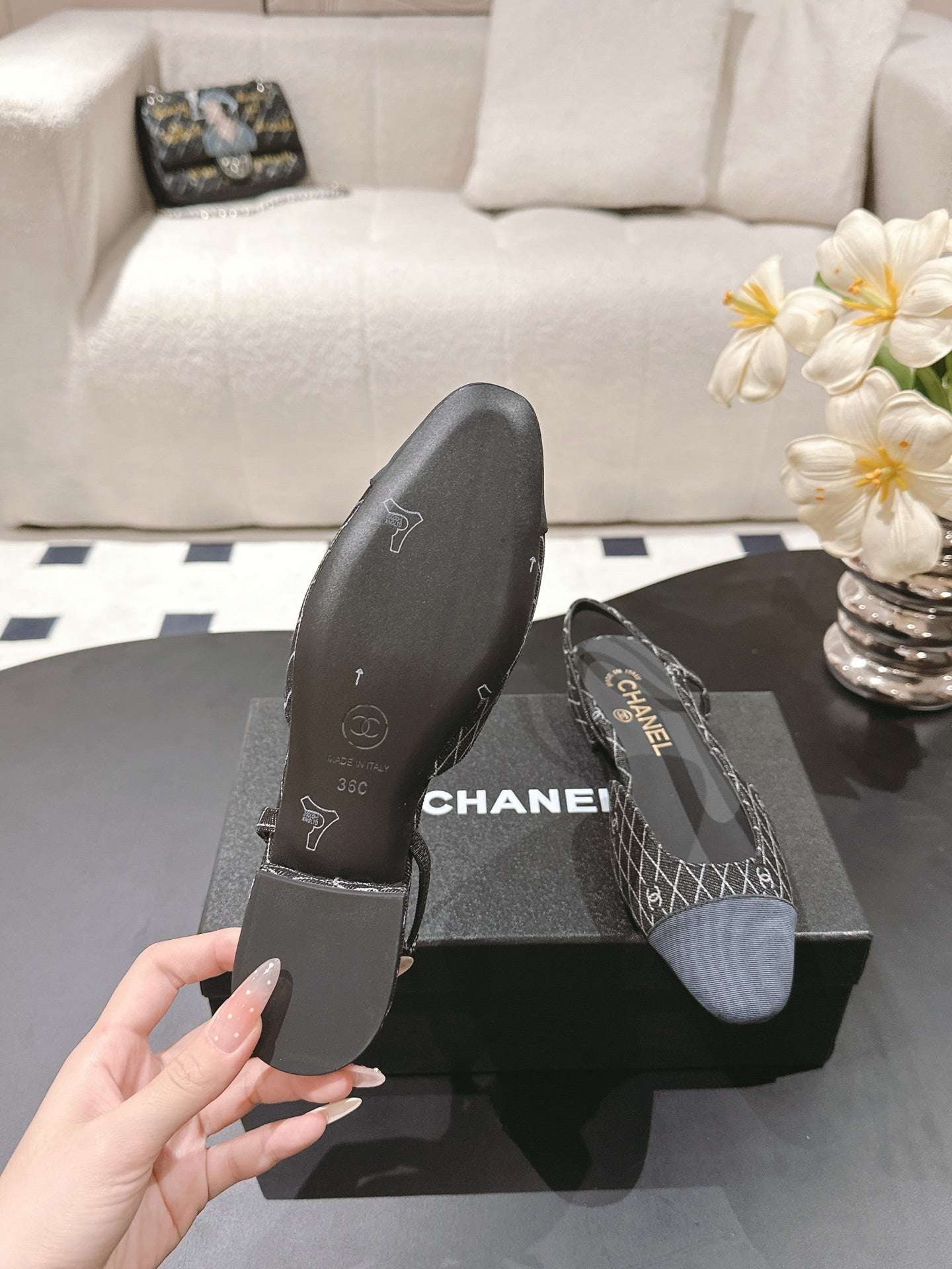 CC SLINGBACK 25S 25 MM IN BLACK DENIM WITH PLAID PATTERN