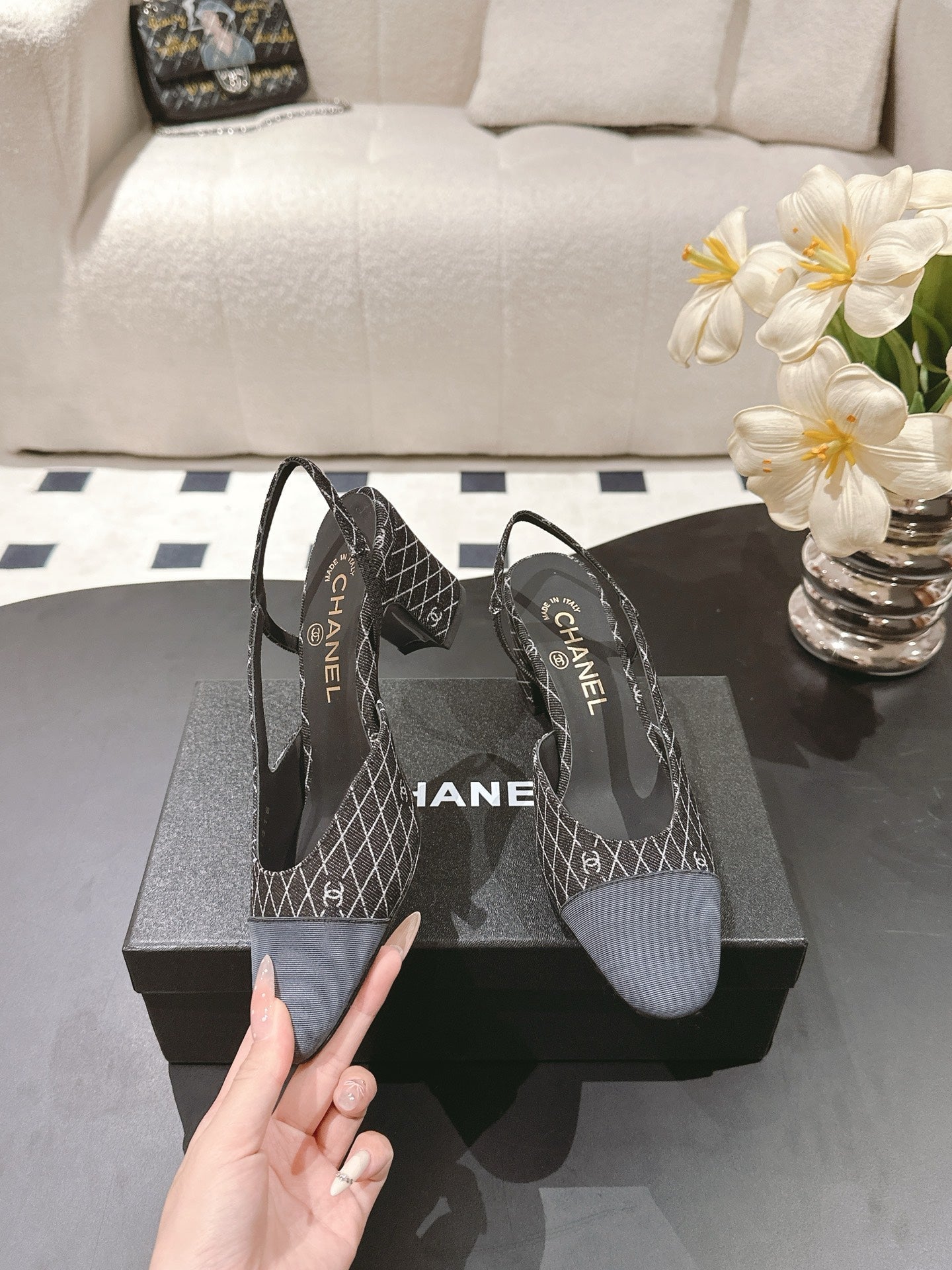 CC SLINGBACK 25S 65 MM IN BLACK DENIM WITH PLAID PATTERN