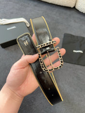 BELT 40MM IN BLACK CALFSKIN WITH INTERWOVEN CHAIN BUCKLE ZIPPER IN TRIM GOLD HARDWARE