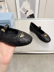 PRADA 26S MARY JANE FLATS IN BLACK WOVEN CALFSKIN