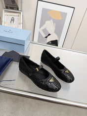 PRADA 26S MARY JANE FLATS IN BLACK WOVEN CALFSKIN