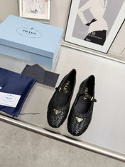 PRADA 26S MARY JANE FLATS IN BLACK WOVEN CALFSKIN