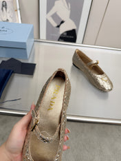 PRADA 26S MARY JANE FLATS IN GOLD WOVEN CALFSKIN