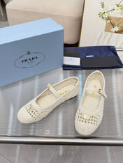 PRADA 26S MARY JANE FLATS IN CREAM WHITE WOVEN RAFFIA WITH TRIANGLE LOGO