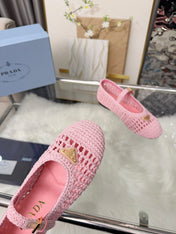 PRADA 26S MARY JANE FLATS IN PINK WOVEN RAFFIA WITH TRIANGLE LOGO