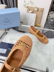 PRADA 26S MARY JANE FLATS IN BROWN WOVEN RAFFIA WITH TRIANGLE LOGO