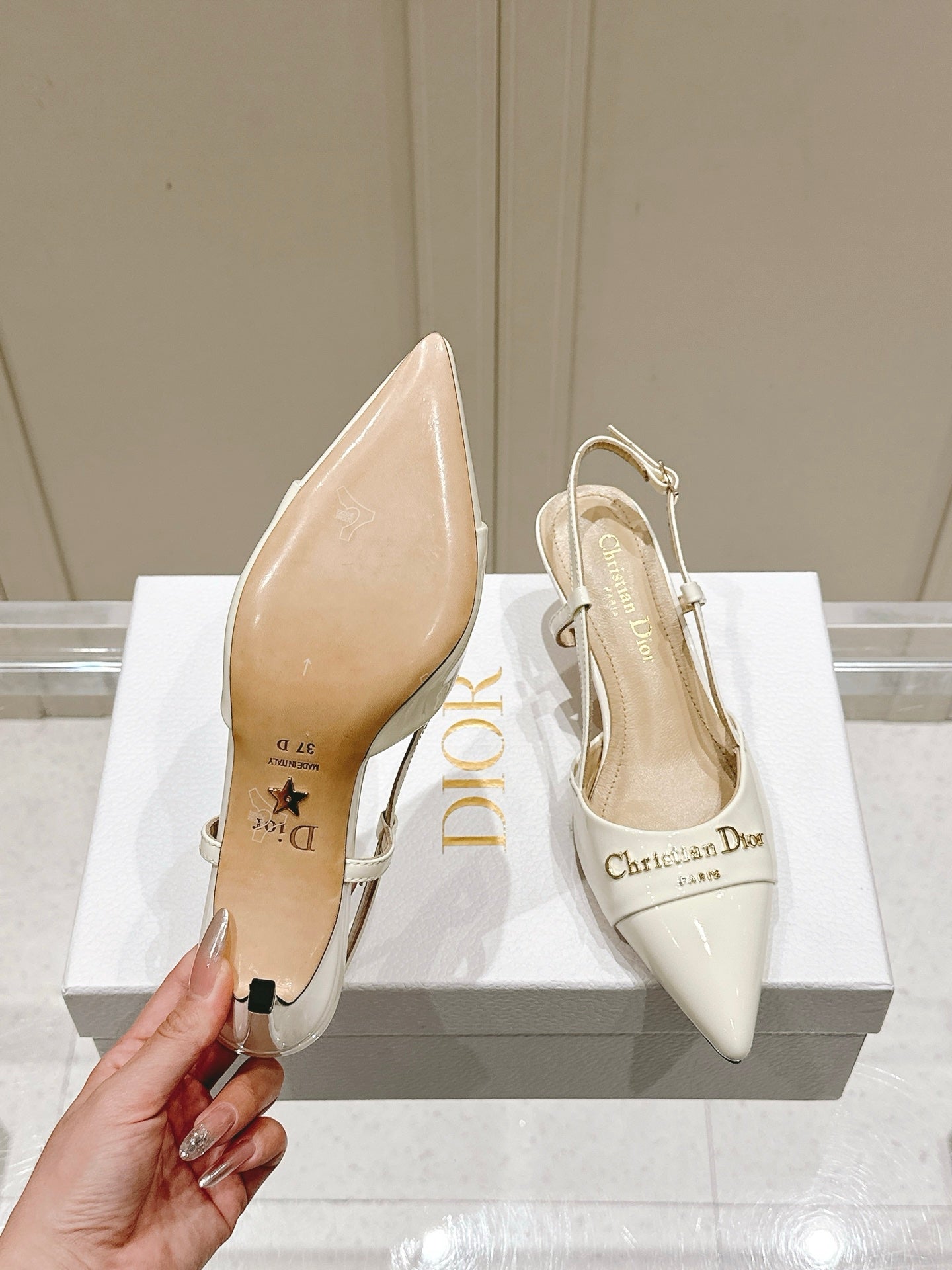 MY DD 25S SLINGBACK PUMP 50MM IN WHITE GLOSSY CALFSKIN
