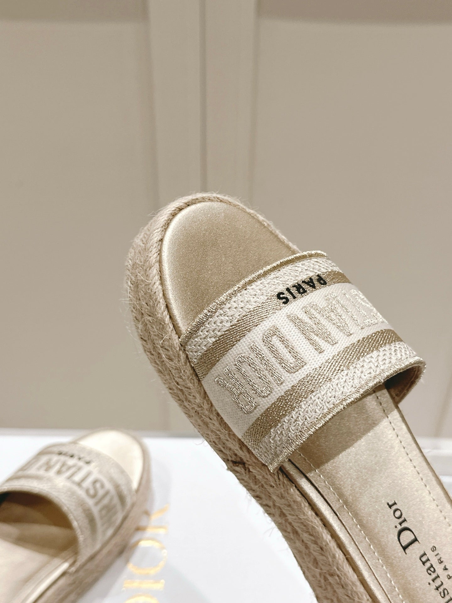 DWAY WEDGE SLIDES 45MM IN WARM GREIGE FABRIC RAFFIA SOLE