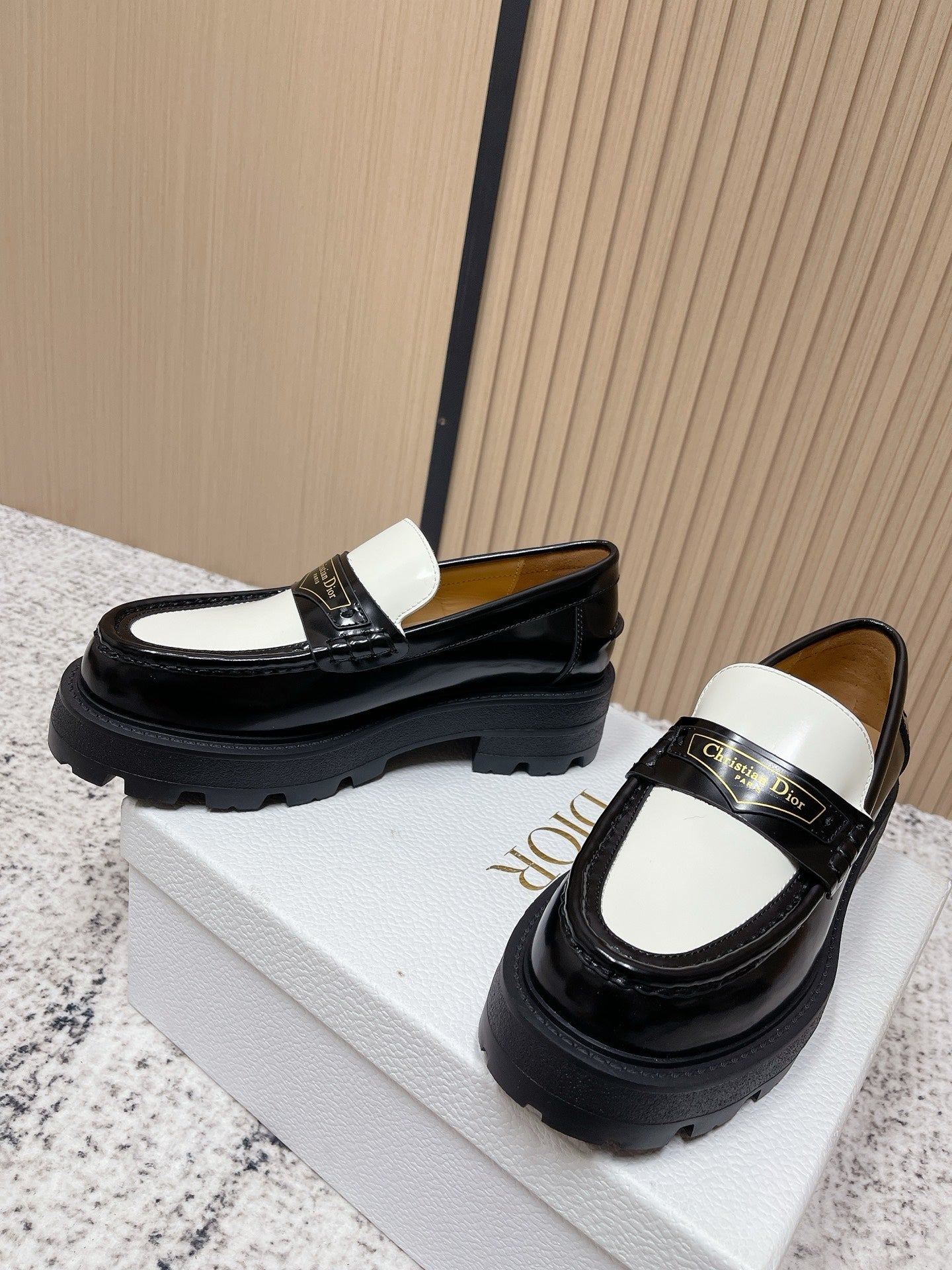 DIOR 25S BOY PLATFORM LOAFERS IN BLACK MIX WHITE CALFSKIN