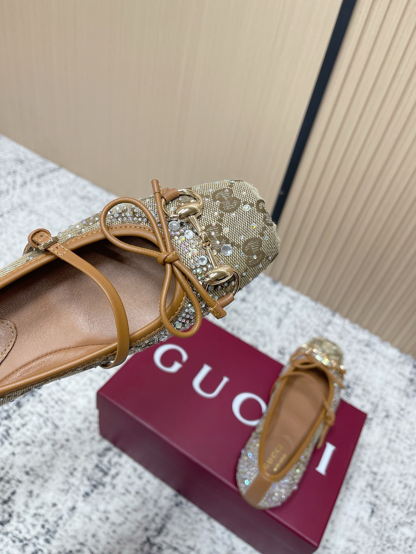 GUCCI 26S BALLET FLATS IN DARK BEIGE CANVAS WITH CRYSTALS