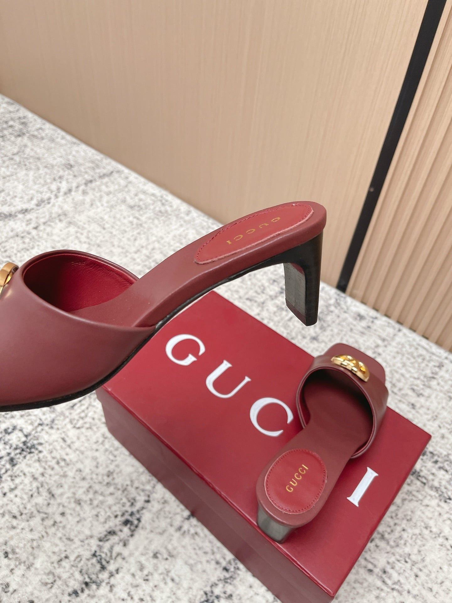 GUCCI 26S GG LOGO HIGH-HEEL MULES IN DARK RED CALFSKIN