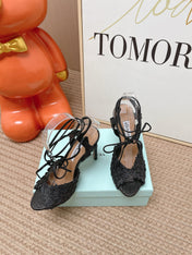 AQUAZZURA 26S LACE-UP HIGH HEEL SANDALS IN BLACK WOVEN RAFFIA