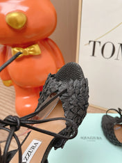 AQUAZZURA 26S LACE-UP HIGH HEEL SANDALS IN BLACK WOVEN RAFFIA