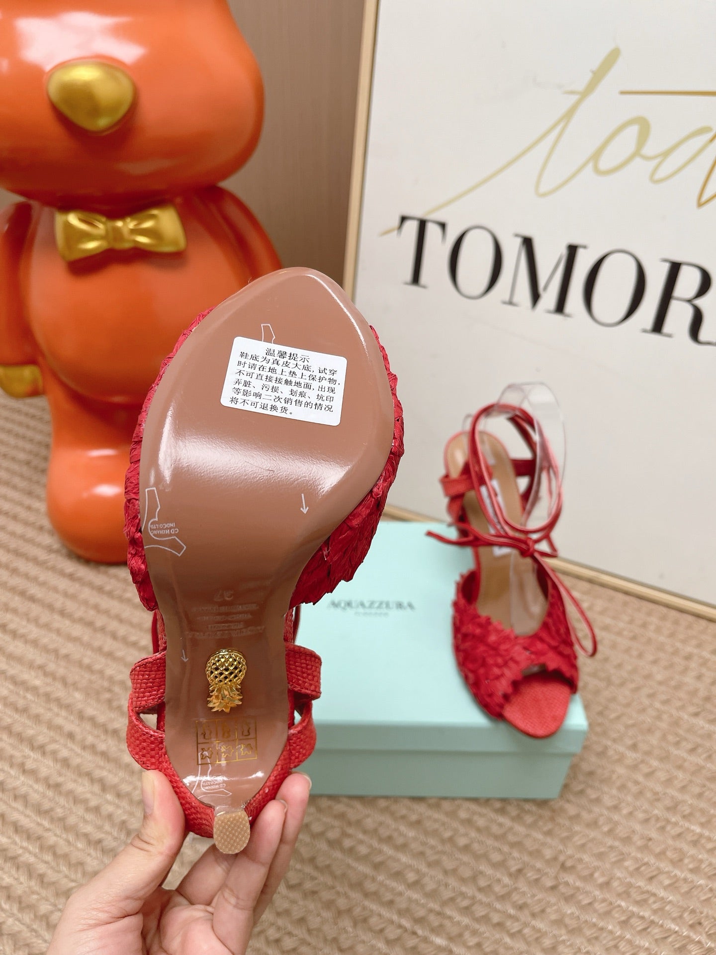 AQUAZZURA 26S LACE-UP HIGH HEEL SANDALS IN RED WOVEN RAFFIA