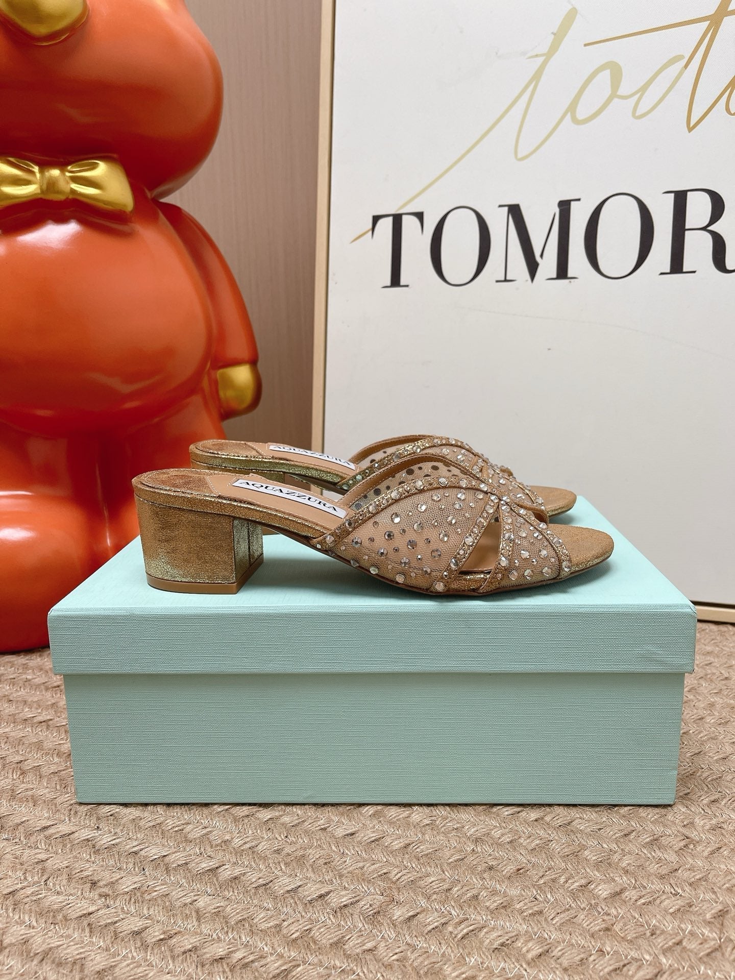 AQUAZZURA 26S LOVER HEELED MULES IN METALLIC GOLD LAMBSKIN AND MESH