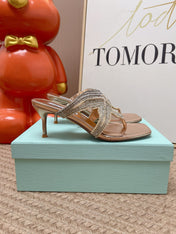 AQUAZZURA 26S STARFISH THONG HEELS IN ROSE GOLD LAMBSKIN