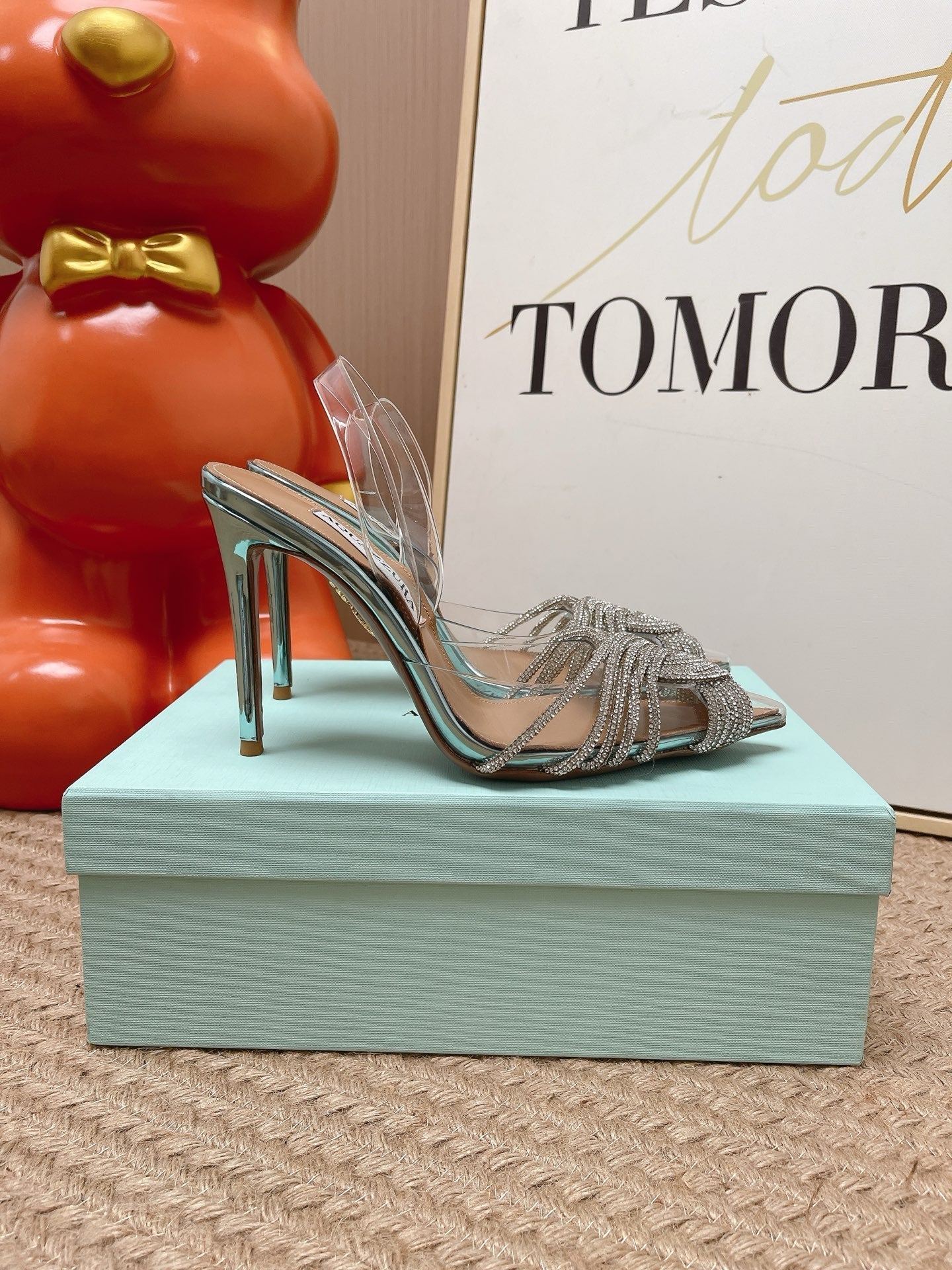 AQUAZZURA 26S SLINGBACK HEELS 105 MM IN SILVER LEATHER AND CLEAR PVC CRYSTALS