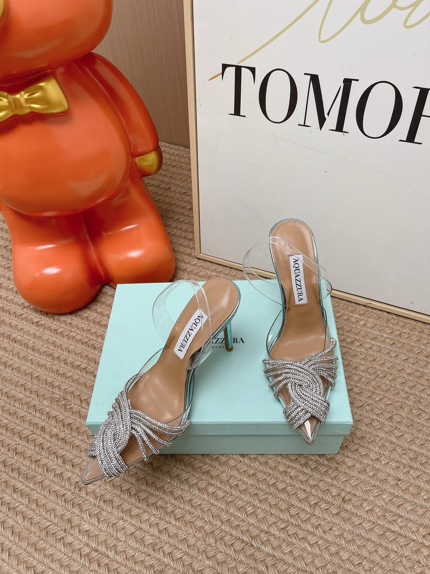 AQUAZZURA 26S SLINGBACK HEELS 105 MM IN SILVER LEATHER AND CLEAR PVC CRYSTALS
