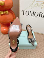 AQUAZZURA 26S SLINGBACK HEELS 100 MM IN BLACK MESH PEARL EMBELLISHED