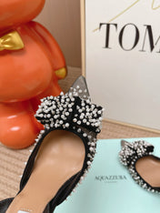 AQUAZZURA 26S SLINGBACK HEELS 100 MM IN BLACK MESH PEARL EMBELLISHED
