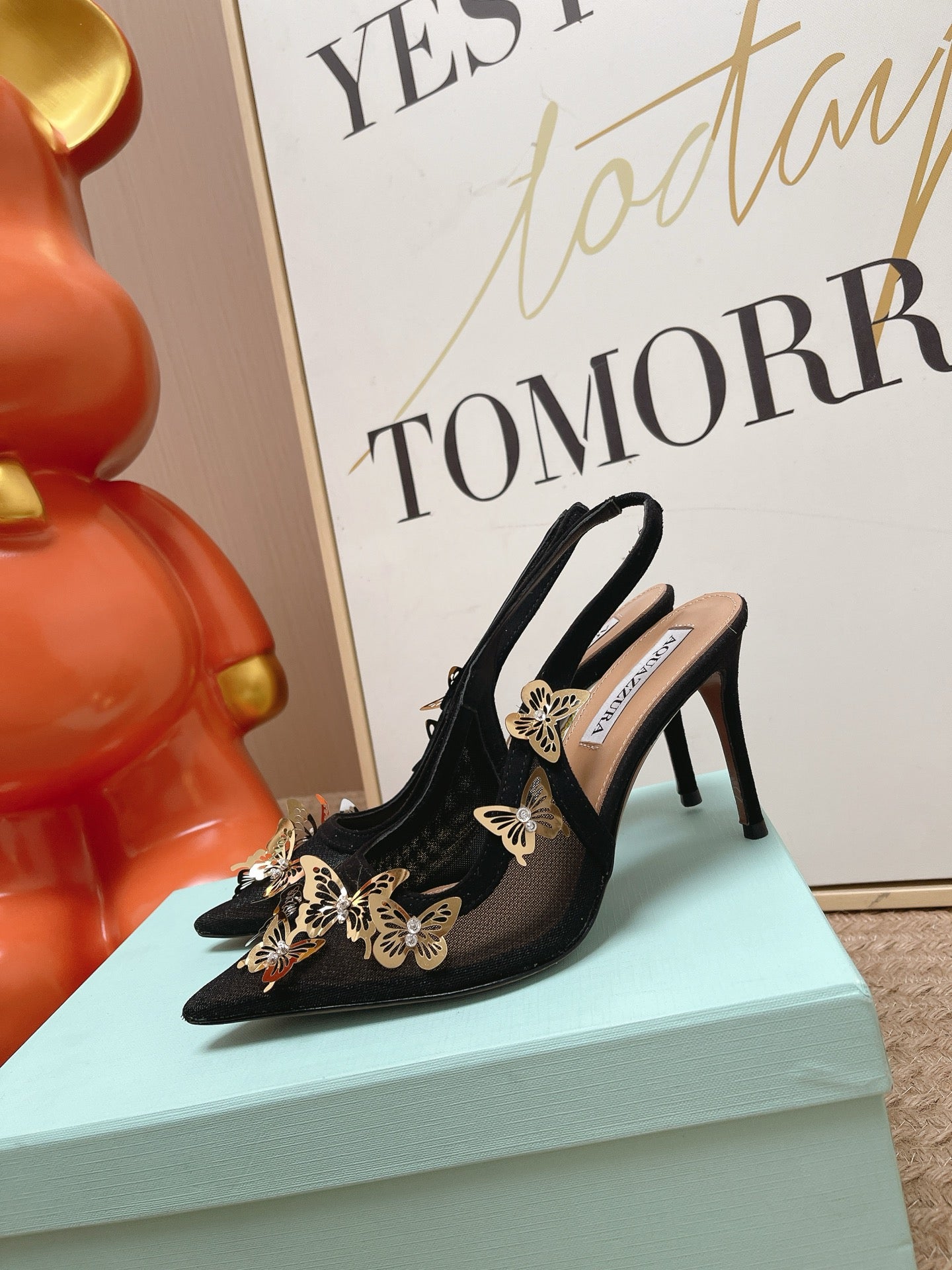 AQUAZZURA 26S BUTTERFLY SLINGBACK HEELS 80 MM IN BLACK MESH AND SUEDE