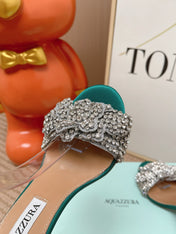 AQUAZZURA 26S HIGH-HEEL SANDALS 85 MM IN EMERALD GREEN SATIN & CRYSTALS