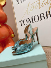 AQUAZZURA 26S GATSBY SLING PUMPS 105 MM IN METALLIC LIGHT BLUE SEQUINED