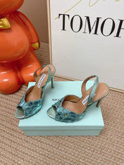 AQUAZZURA 26S GATSBY SLING PUMPS 105 MM IN METALLIC LIGHT BLUE SEQUINED