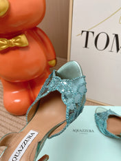 AQUAZZURA 26S GATSBY SLING PUMPS 105 MM IN METALLIC LIGHT BLUE SEQUINED