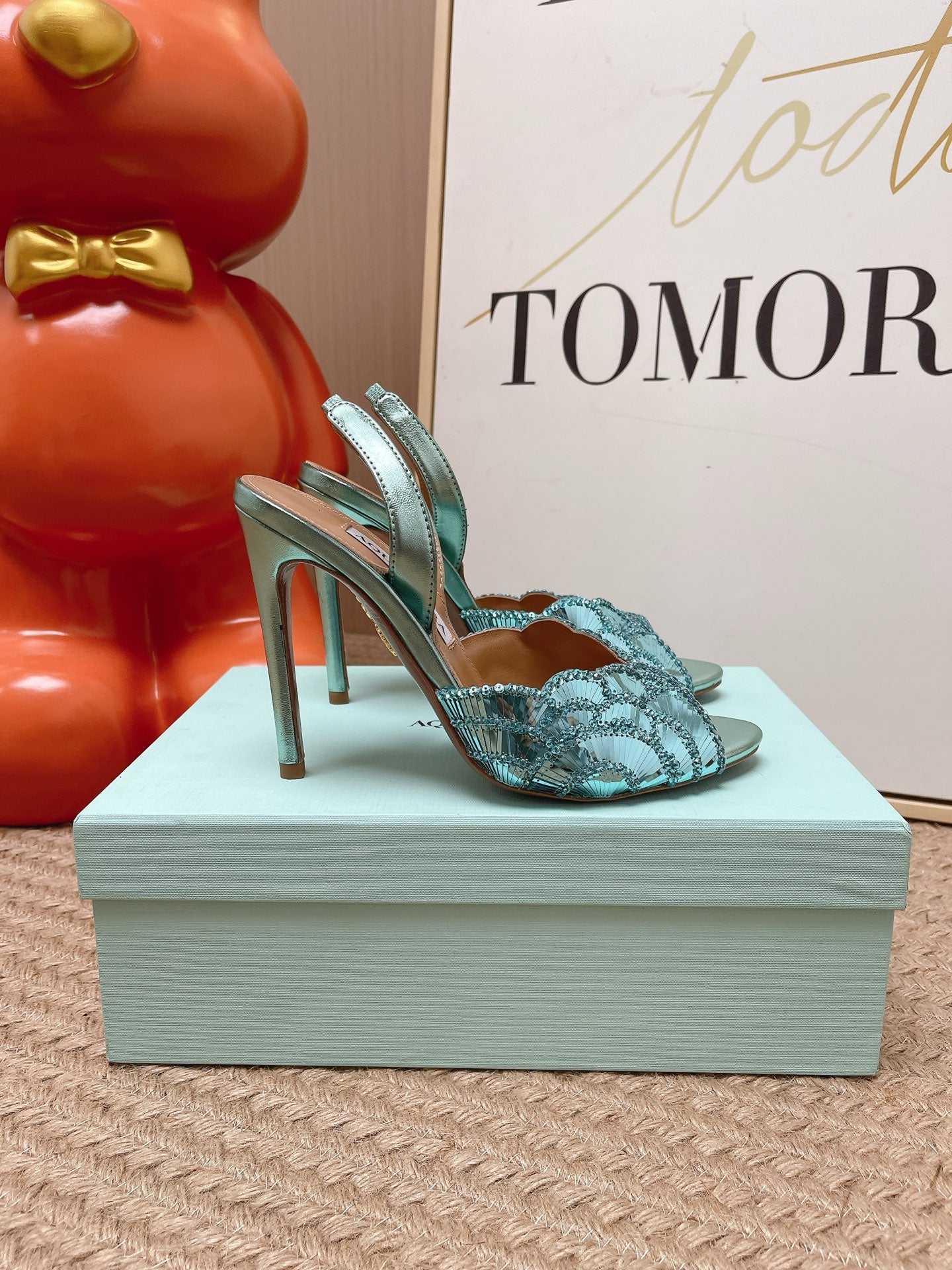 AQUAZZURA 26S GATSBY SLING PUMPS 105 MM IN METALLIC LIGHT BLUE SEQUINED