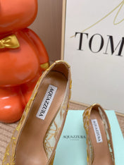 AQUAZZURA 26S HIGH HEELS IN GOLD AND BEIGE FLORAL EMBROIDERED MESH