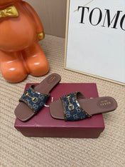 GUCCI 26S SLIDE SANDAL IN DARK BLUE DENIM AND BROWN LEATHER