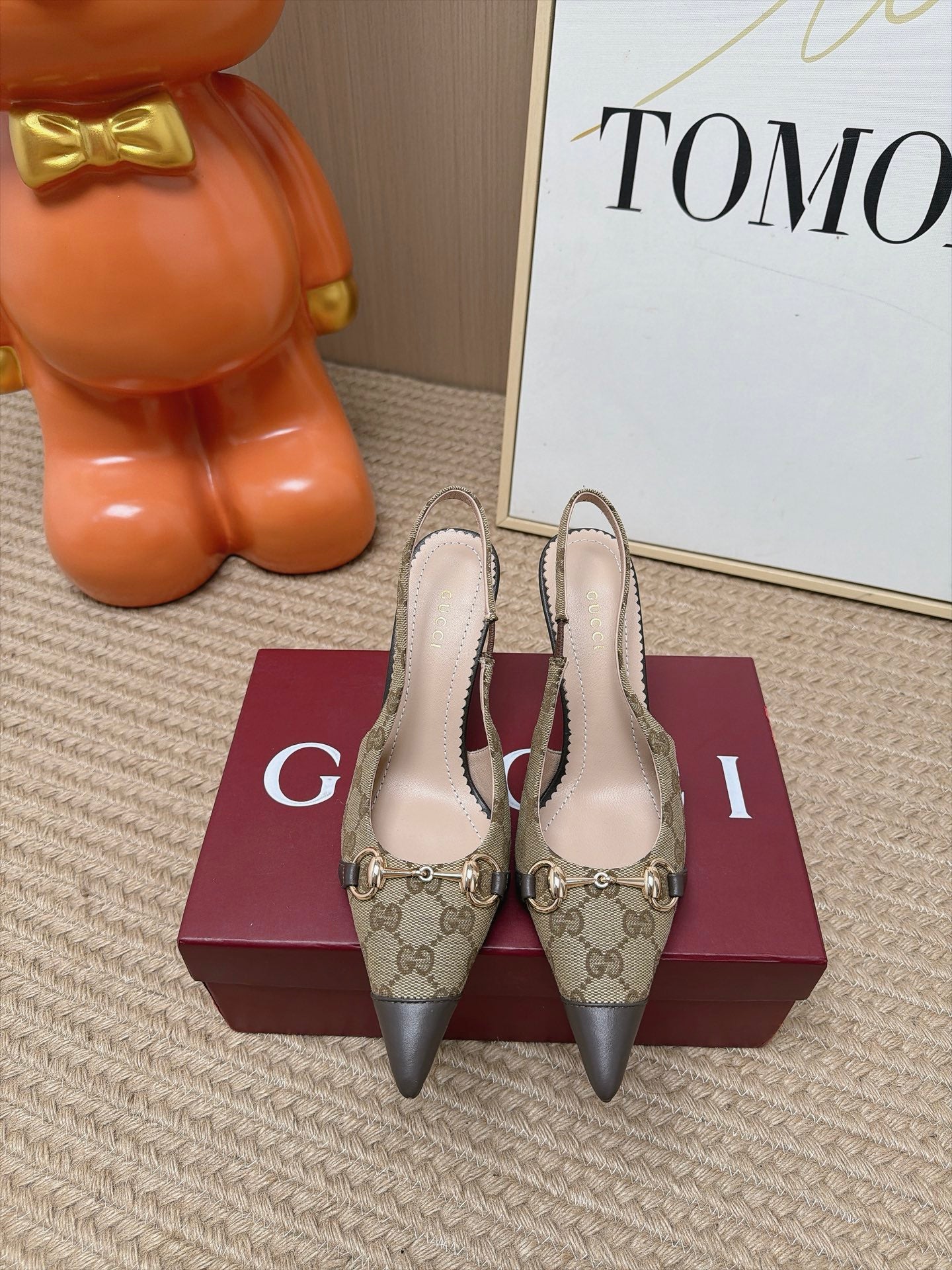 GUCCI 26S SLINGBACK HEELS 105 MM IN BEIGE CANVAS MIX BROWN LAMBSKIN