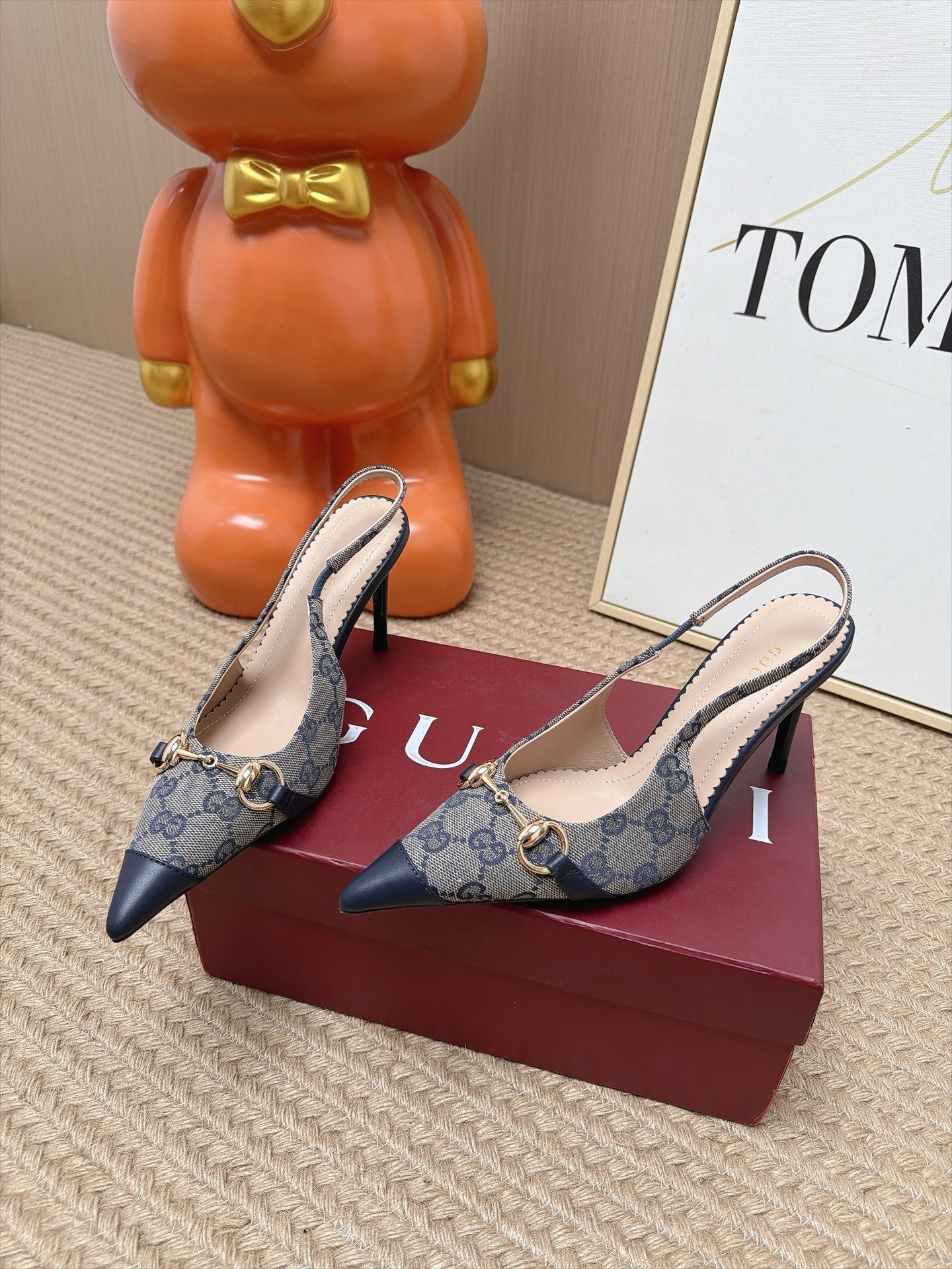 GUCCI 26S SLINGBACK HEELS 105 MM IN GREY CANVAS MIX NAVY BLUE LAMBSKIN