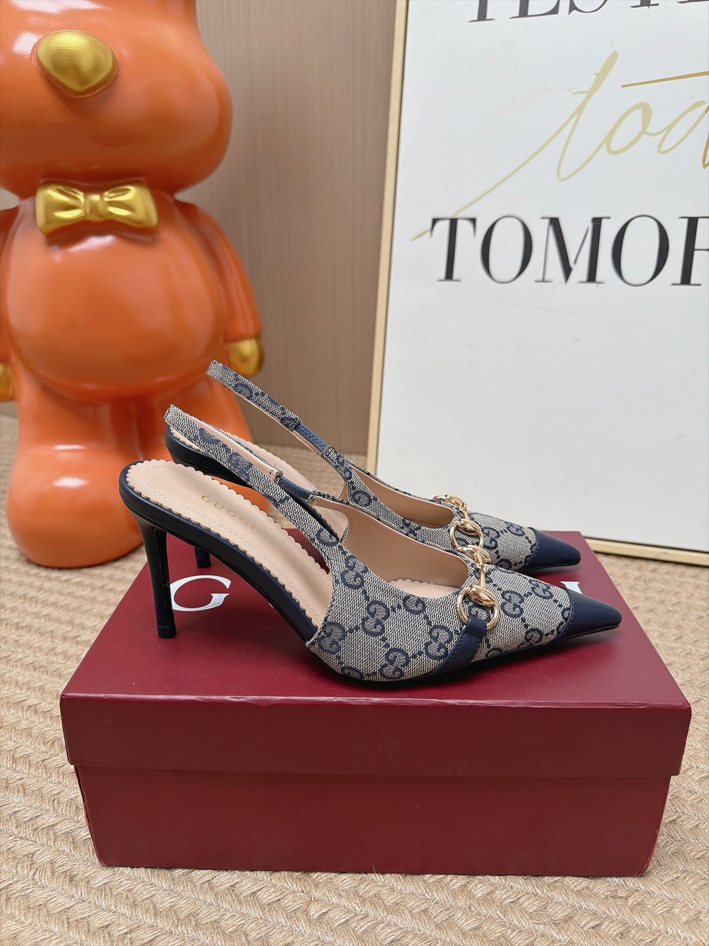 GUCCI 26S SLINGBACK HEELS 105 MM IN GREY CANVAS MIX NAVY BLUE LAMBSKIN