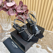 NUIT SANDALS 85 IN BLACK CREPE SATIN AND WHITE RHINESTONES