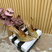 AQUAZZURA 26S SLINGBACK PUMPS 105 MM IN GOLD CALFSKIN WITH CRYSTAL