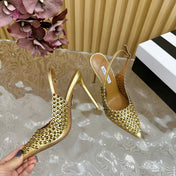 AQUAZZURA 26S SLINGBACK PUMPS 105 MM IN GOLD CALFSKIN WITH CRYSTAL