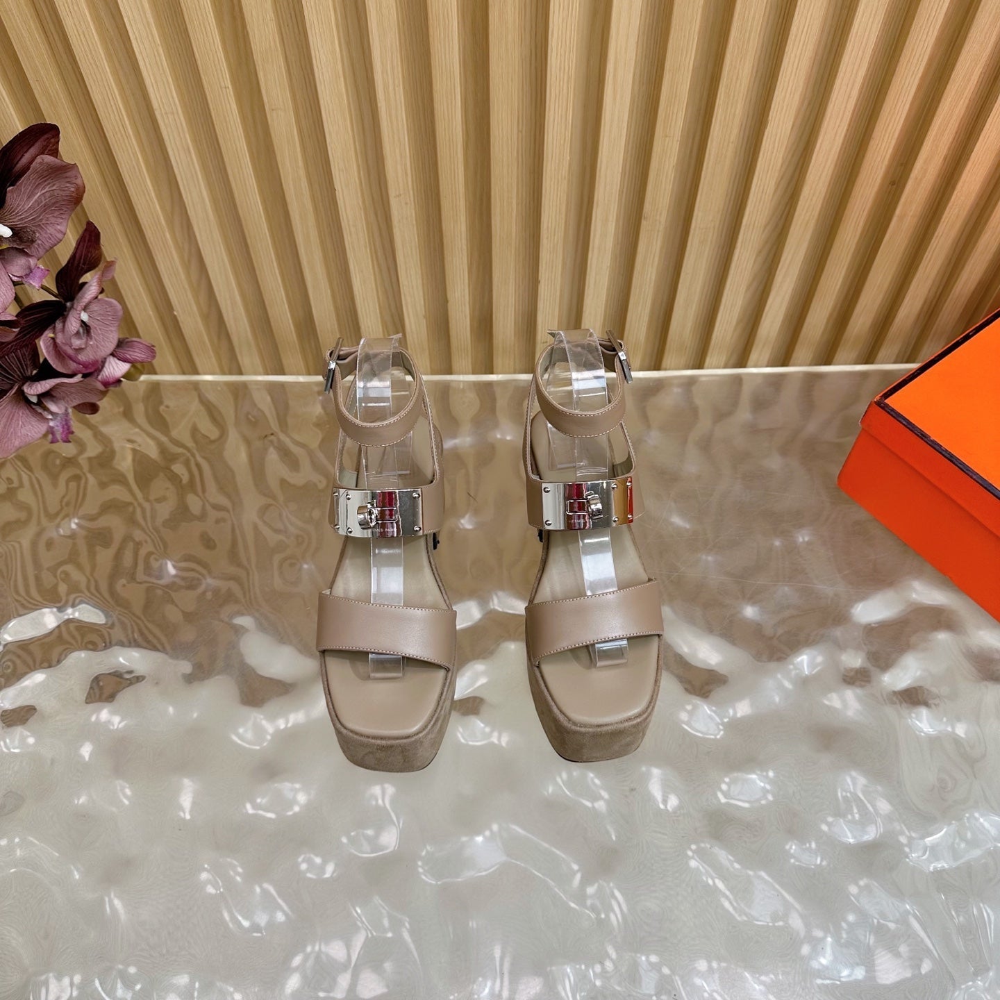 HM 25S CLASSIC WEDGE SANDALS 70 MM IN TAUPE BEIGE LAMBSKIN WITH SILVER HARDWARE