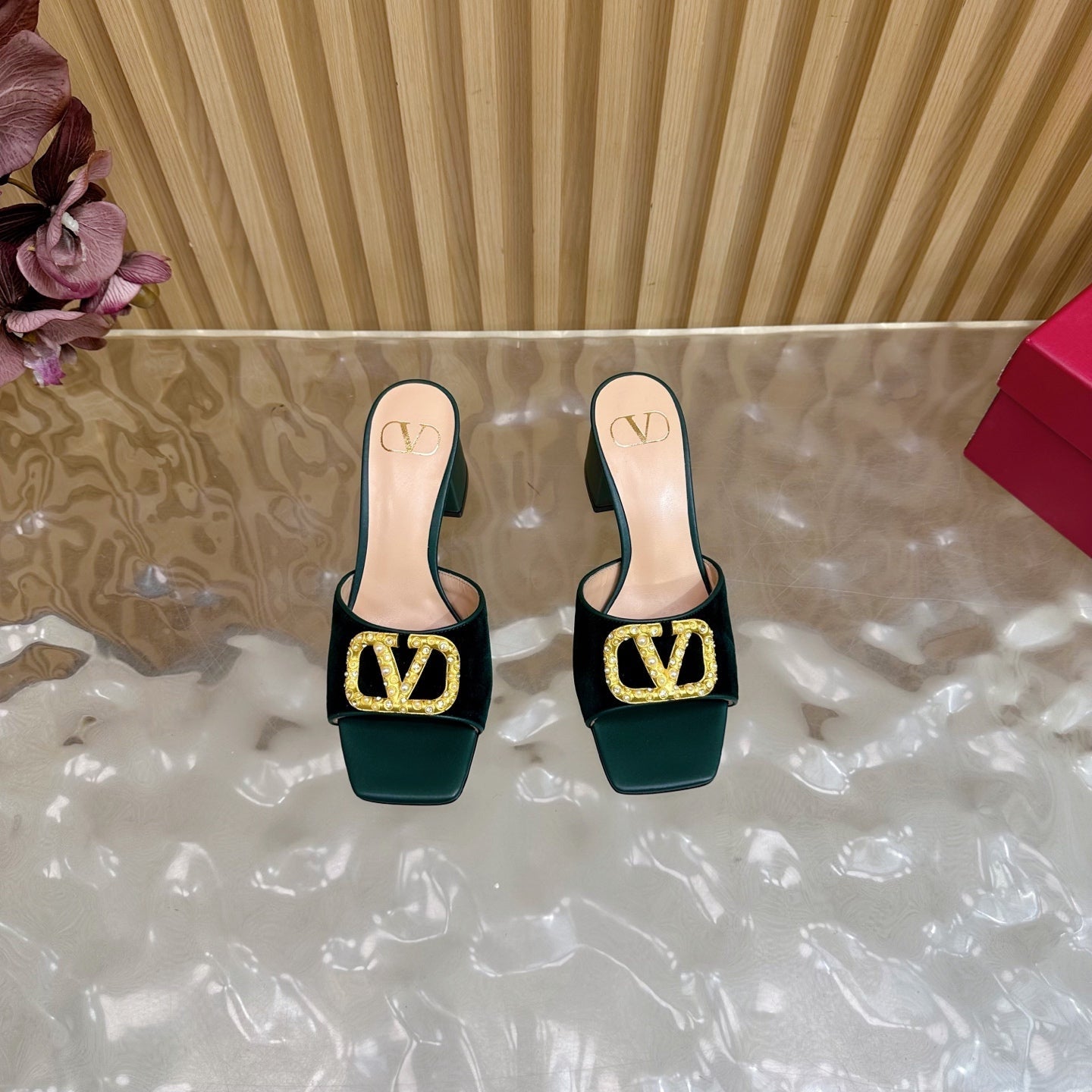 VALENTINO 25S HIGH-HEEL MULES 60 MM IN DARK GREEN VELVET AND CALFSKIN WITH GOLD HARDWARE