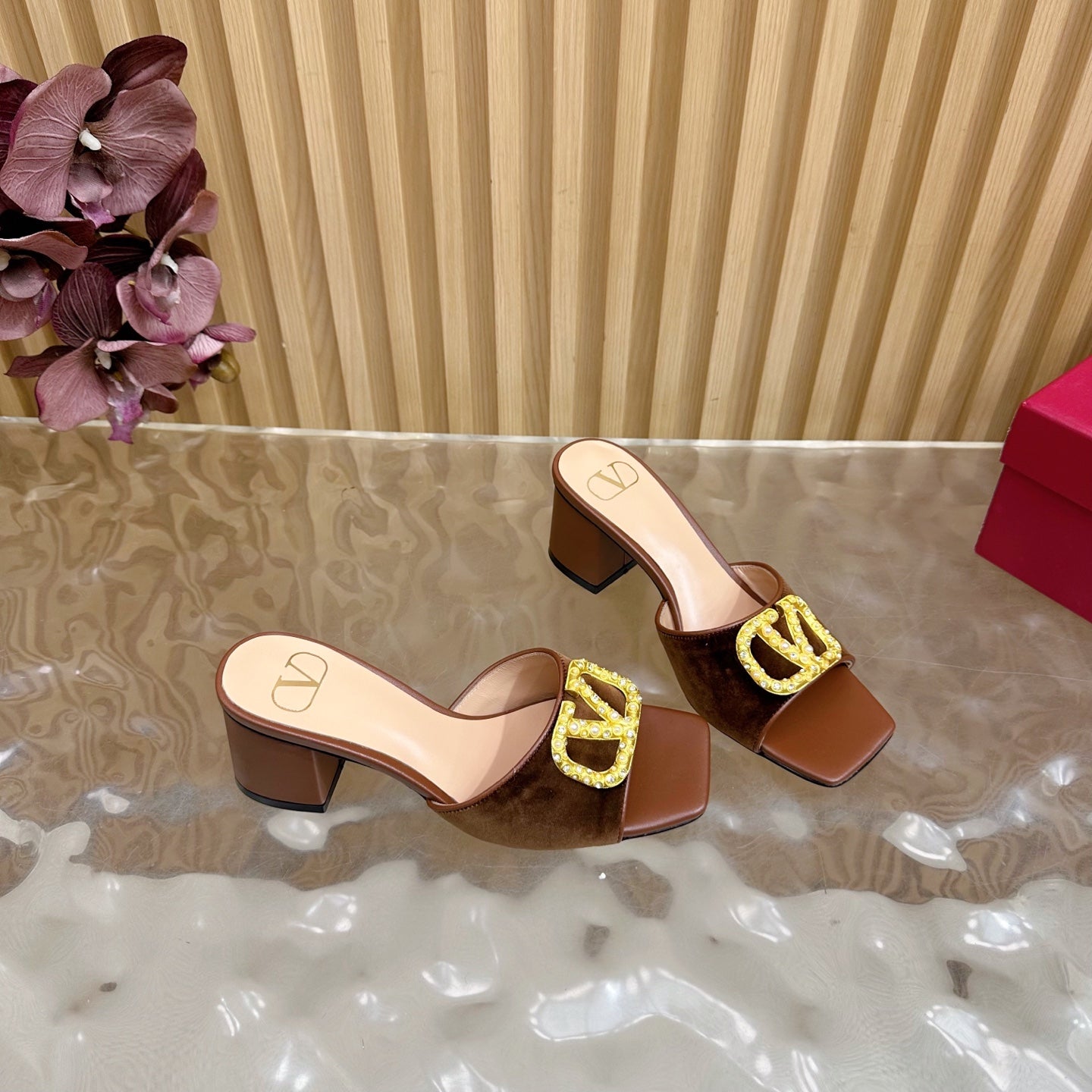 VALENTINO 25S HIGH-HEEL MULES 60 MM IN BROWN VELVET AND CALFSKIN WITH GOLD HARDWARE