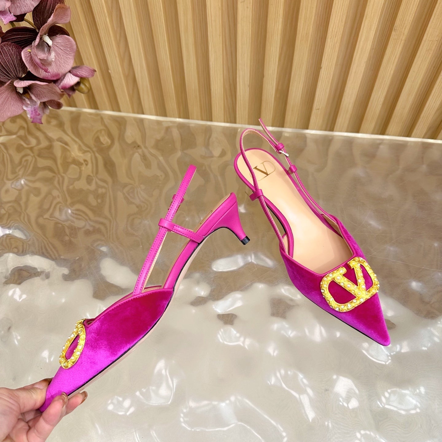 VALENTINO 25S HIGH-HEEL SLINGBACKS IN DARK PINK VELVET WITH GOLD HARDWARE
